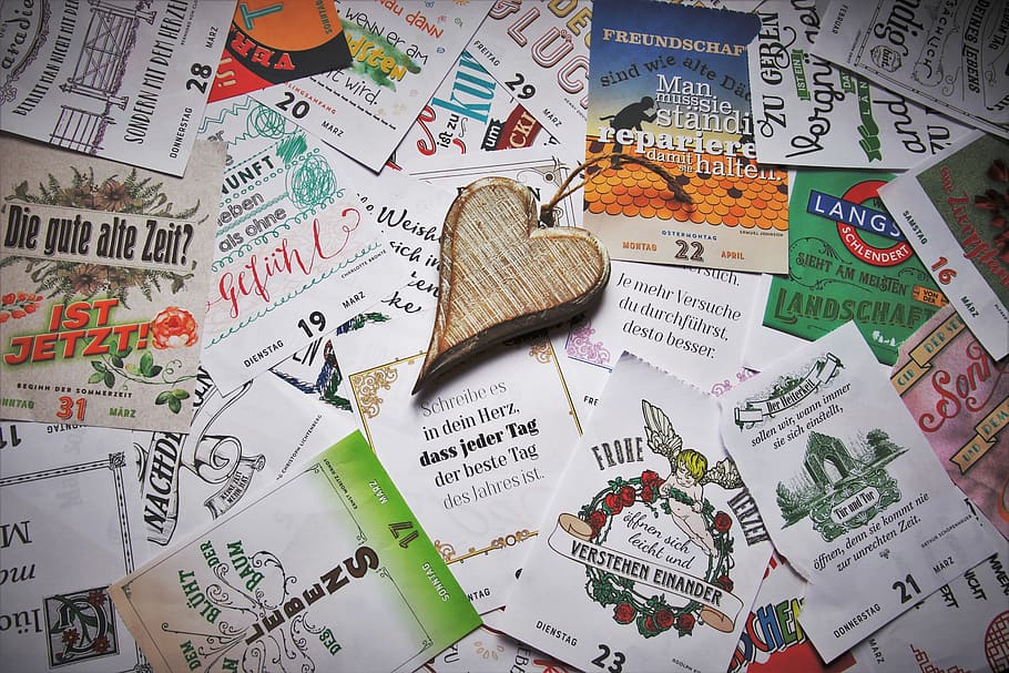 alemán, calendario, lema, corazón, forma de pensar, tarjetas, las inscripciones, fechas, para leer, planificación