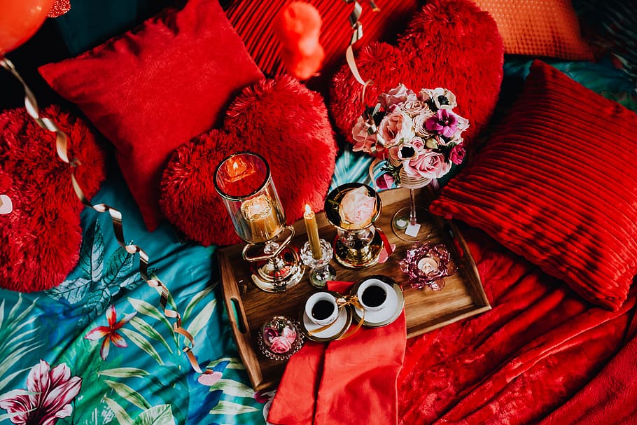 valentine, sarapan pagi hari, tempat tidur, indah, sarapan, cinta, romantis, roman, merah, selimut