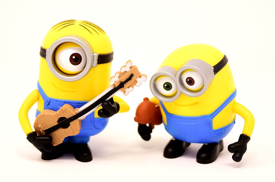 minions guitar, music, funny, figures, cute, two, toy, cut out, fun, yellow