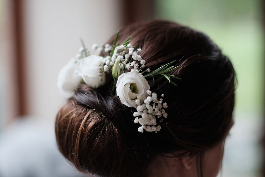 pengantin, rambut, pernikahan, wanita, putih, bunga, headshot, tanaman berbunga, satu orang, potret