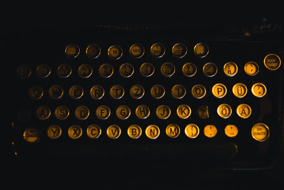 vintage, máquina de escrever, chaves, botões, tecnologia, ouro, preto, volta, letras, números