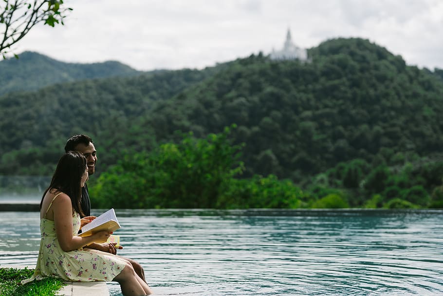 books, reading, couples reading books, couple, romance, mountains, scenery, nature, traveling couples, tall man
