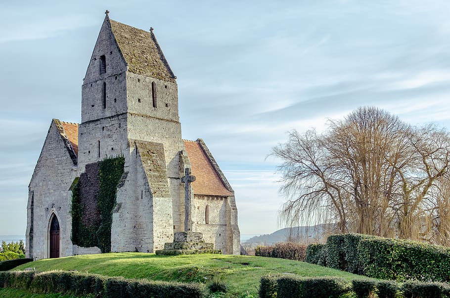 church, field, nature, landscape, sky, clouds, the outside, france, normandy, built structure