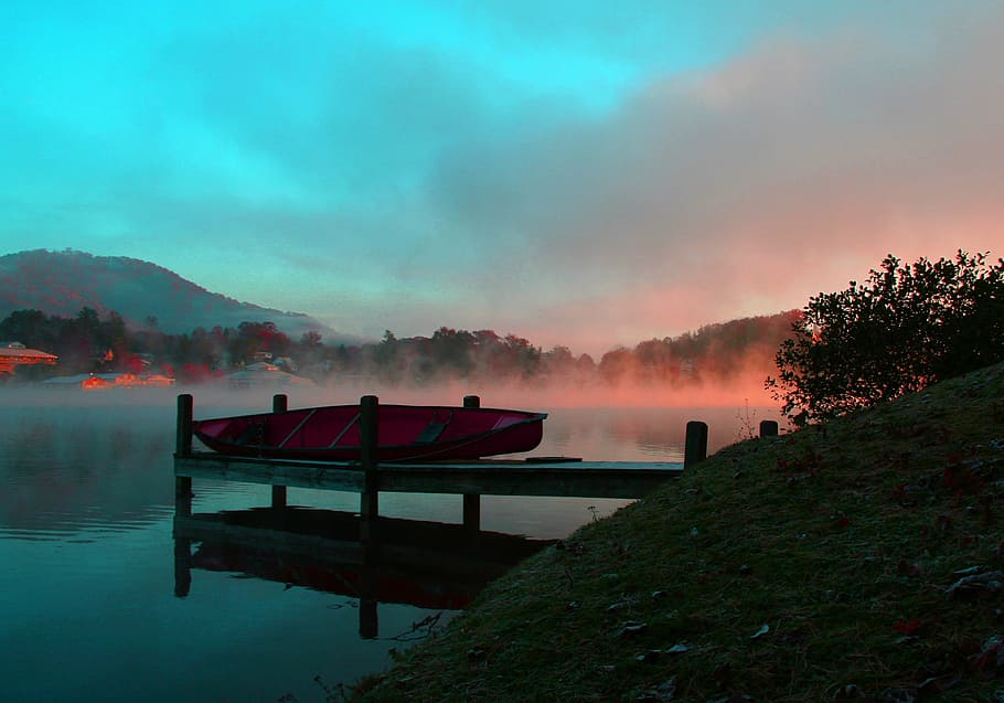 canoe, resting, lakeside dock, morning, lake, fog, dock, mist, lake junaluska, north carolina