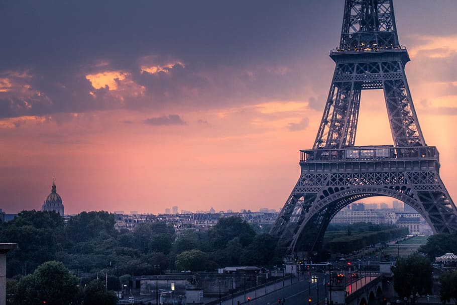 matahari terbenam, Paris, Perancis, kota dan Perkotaan, Wallpaper hD, arsitektur, menara, tujuan perjalanan, kota, struktur yang dibangun