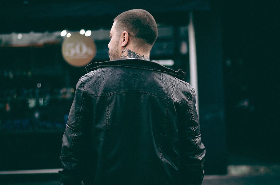 guy, man, back, black, jacket, tattoo, leather, bokeh, city, street urban