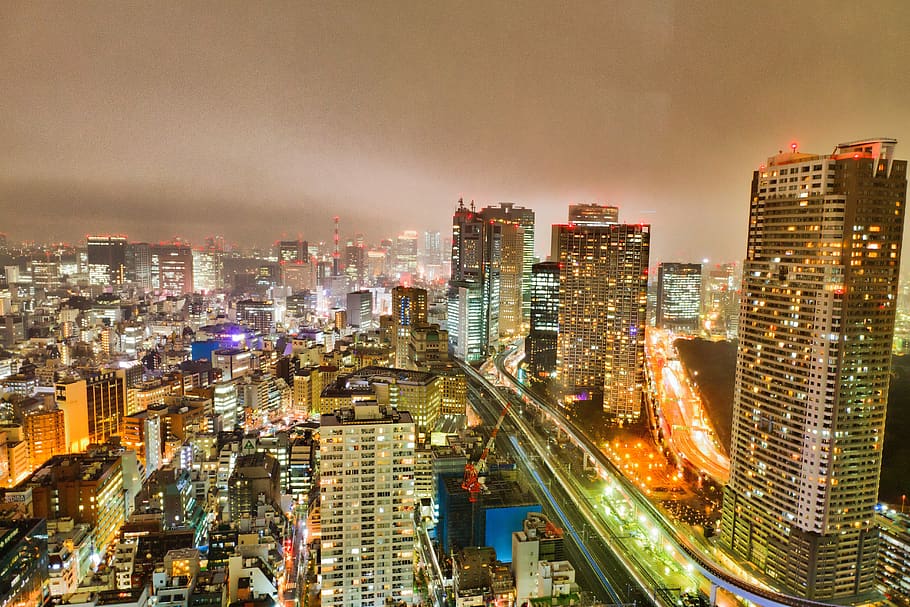 tokyo, skyline, japan, city, architecture, skyscraper, shimbashi, building exterior, cityscape, illuminated