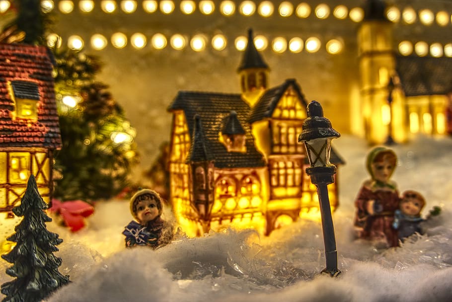 christmas, model, modelling, christmas village, snow, art, artistically, top view, house, lighting