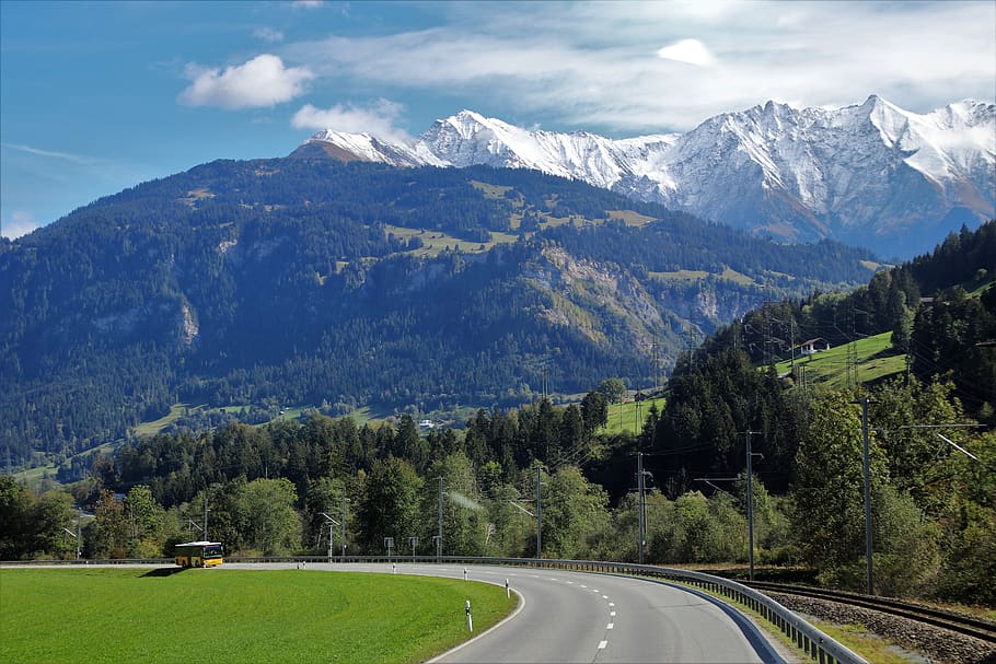 tops, mountains, first snow, pull station, the alps, bus, overlap, switzerland, panorama, the stage