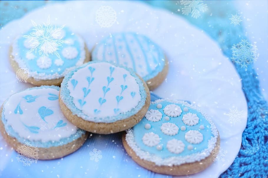 snowflake cookies, winter, cold, snow, snowflakes, tasty, holiday, sweet, light blue, pale blue