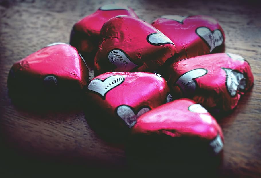 coklat, permen, hati, jantung, romantis, pink, meja, bungkus, close-up, still life