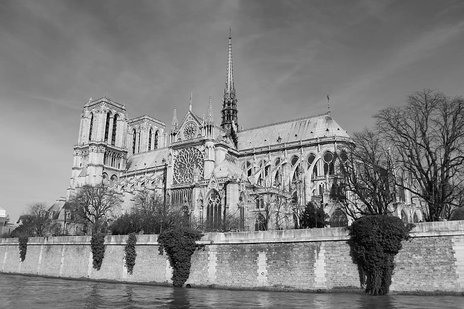 París, catedral, Notre Dame de París, Francia, iglesia, monumento, monocromo, cielo, historia, arquitectura