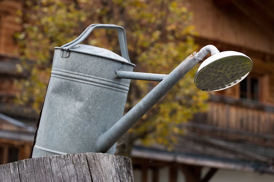 watering can, water, shower, metal, zinc plated, sheet, decoration, commodity, silver, day