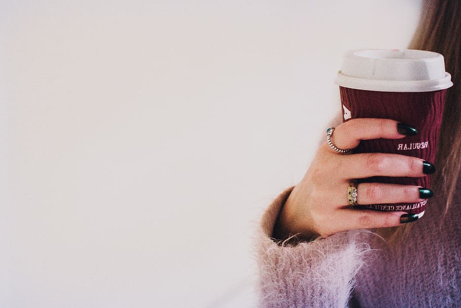 woman, holding, coffee, cup, paper, takeaway, female, girl, hand, nails
