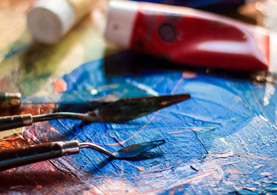 pintor, faca, escova, artista, arte, artesanato, pintar, cor, azul, cavalete