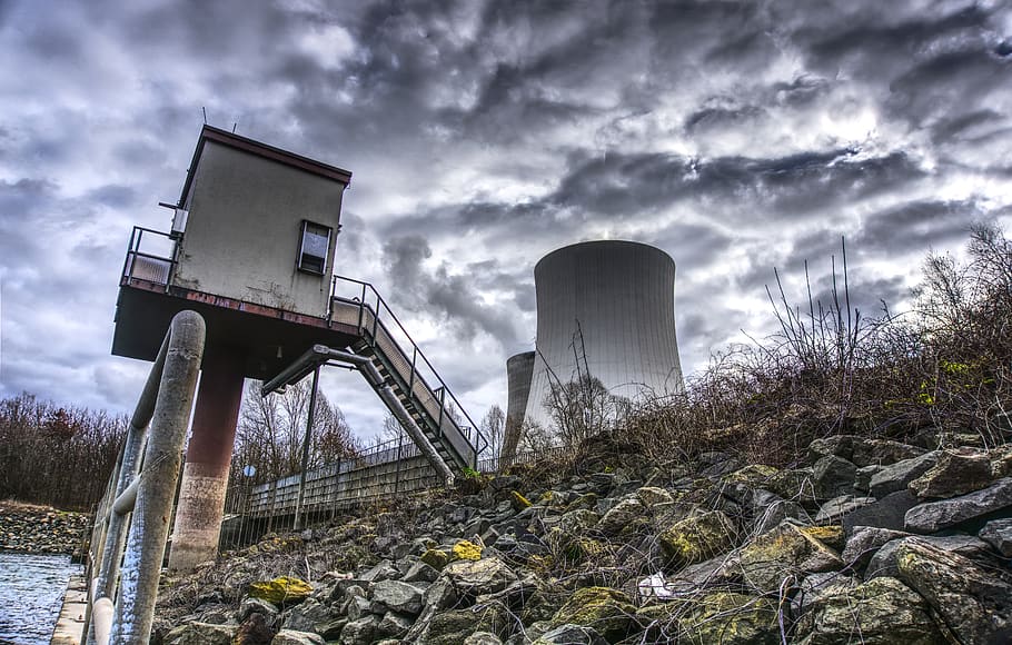 nuclear power plant, cooling tower, rhine, clouds, drama, industry, power plant, nuclear power, energy, nuclear reactors
