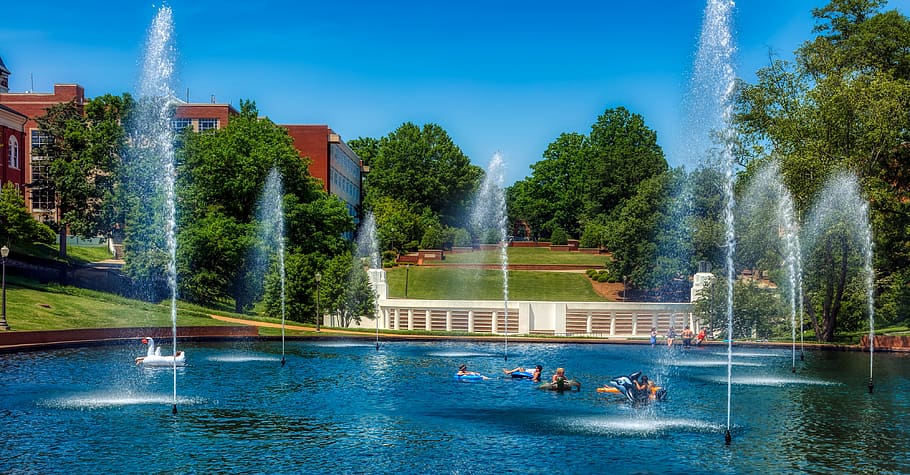 clemson university, pond, fountain, students swimming, frolic, trees, landscape, scenic, campus, school