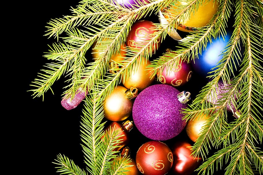 latar belakang, bola, perhiasan, cabang, cerah, perayaan, natal, pohon-natal, warna, gelap