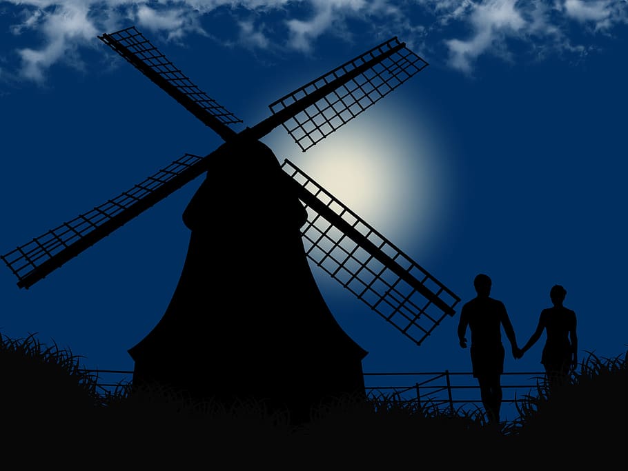 romantic, night, couple, mill, silhouette, fantasy, romance, renewable energy, alternative energy, sky