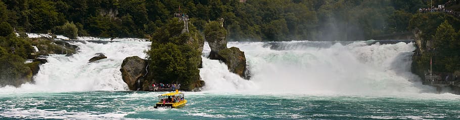 nature, landscape, river, waterfall, rhine falls, schaffhausen, rhine, boat, vacations, holidays