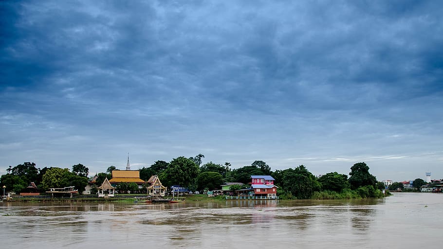water house, chopraya river, thailand, home, river, house, water, landscape, building, lake