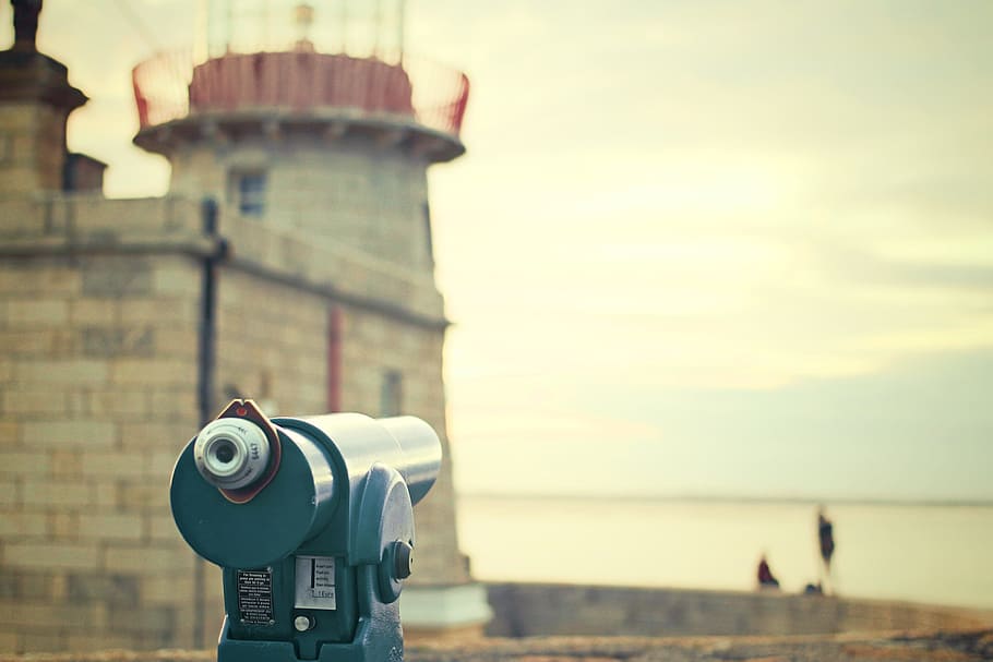 visor de torre, telescopio, binoculares, lente, vista, con monedas, cielo, agua, mar, binoculares con monedas