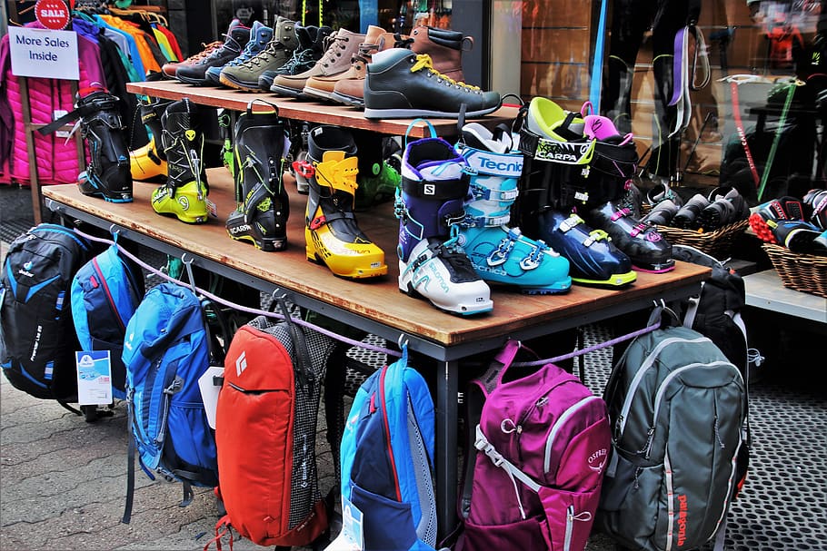 sapatos, esqui, acessórios, venda, compras, produto, butik, pessoas, rua, centro comercial