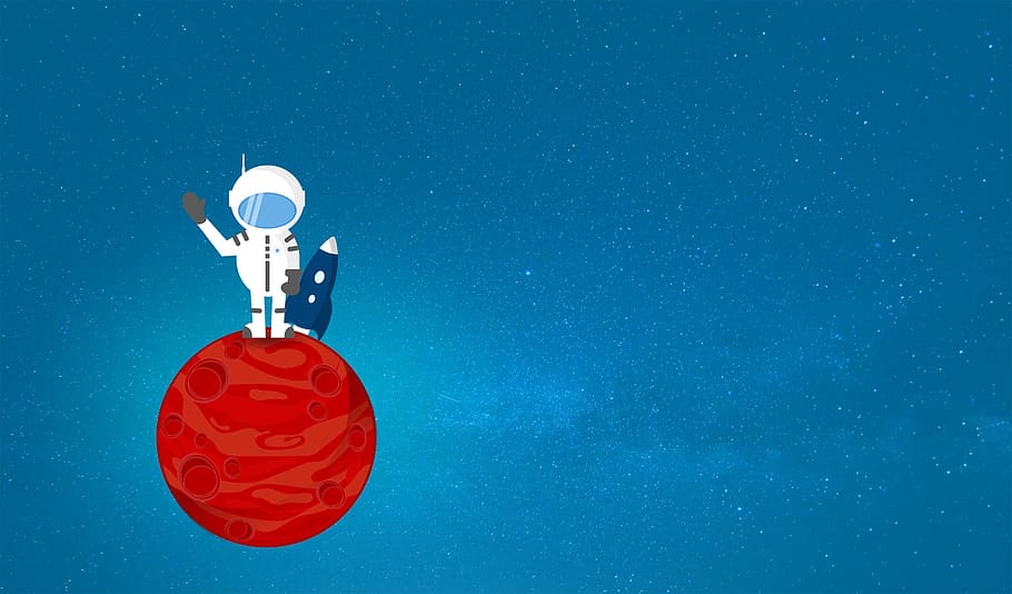 astronauta de desenho animado, vermelho, planeta, -, copyspace, astronauta, desenho animado, terra, exploração, lua