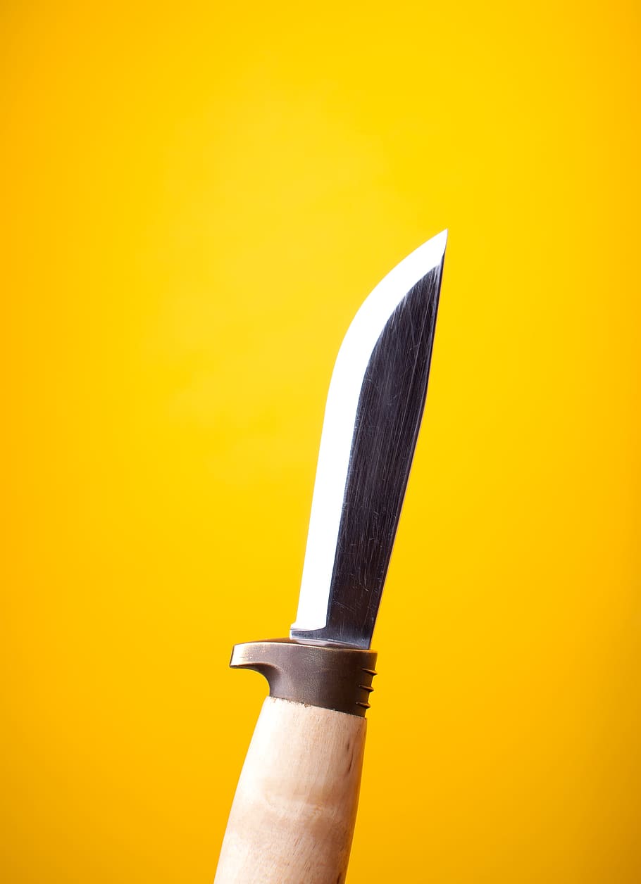 knife, metal, murder, razor, sharp, stainless, steel, colored background, yellow, studio shot