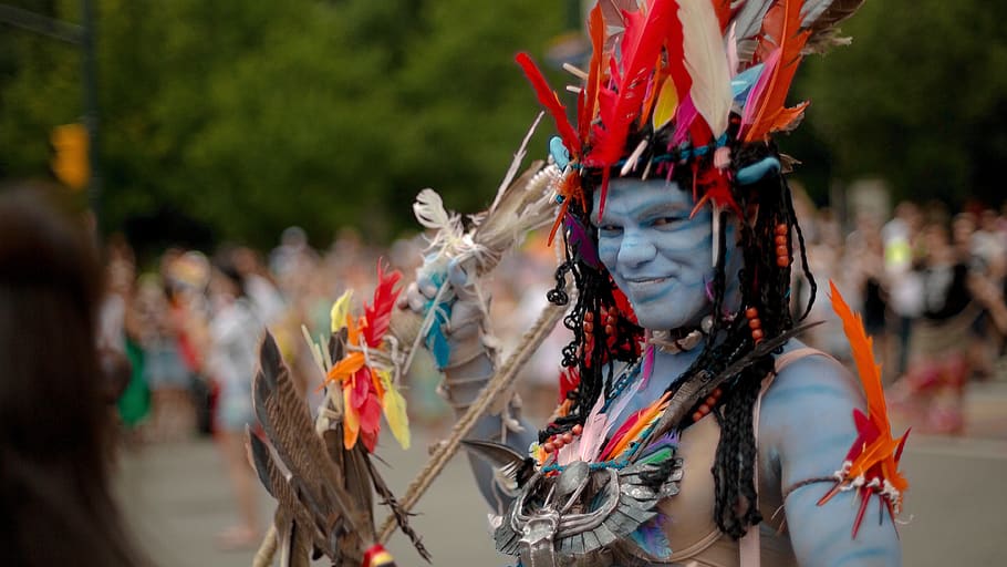 dress up, london ontario, gay pride festival, avatar, feathers, blue, expression, incidental people, front view, portrait