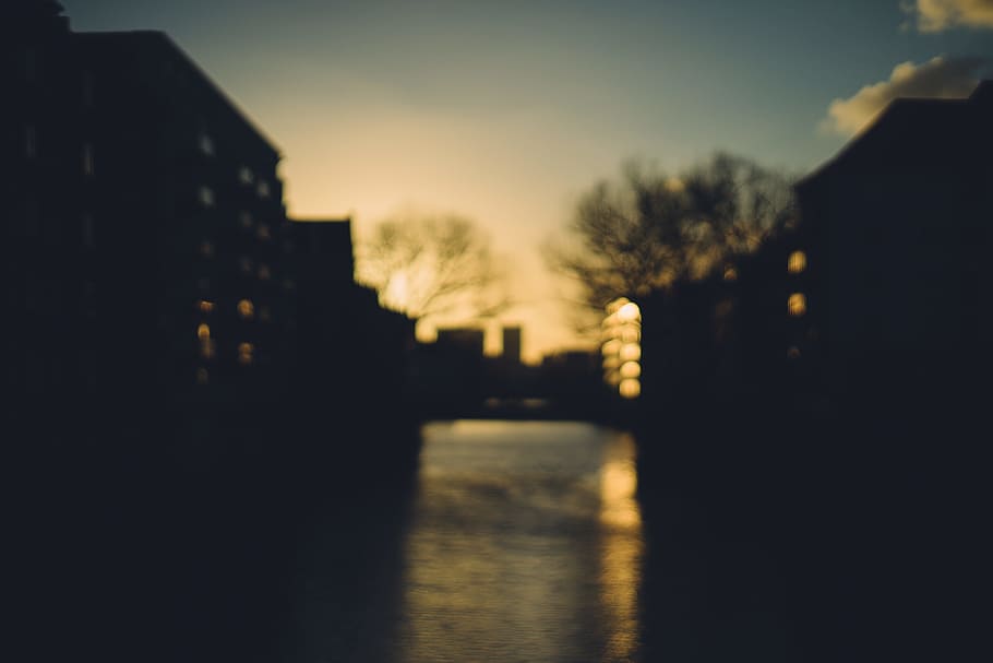 sunset in town, background, blur, blurred, bokeh, channel, city, gold, houses, port