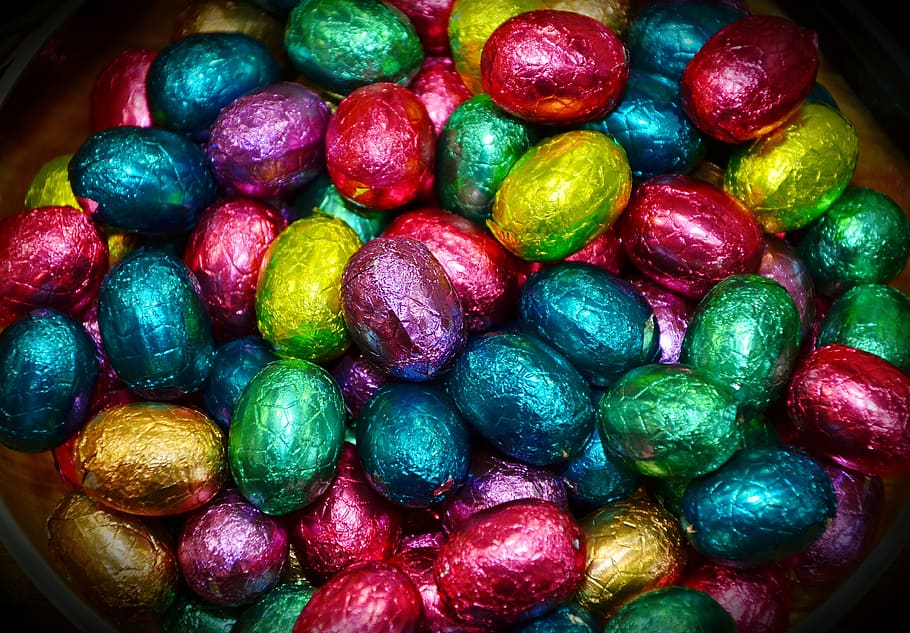 easter eggs, chocolate eggs, colorful, easter, candy, food, sweetness, shiny, delicacy, hand made sweets