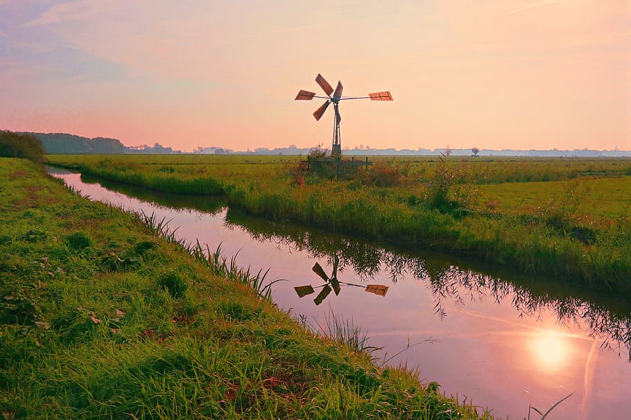 windmill, mill, water, reflection, fields, countryside, rural, dutch landscape, polder, sunset