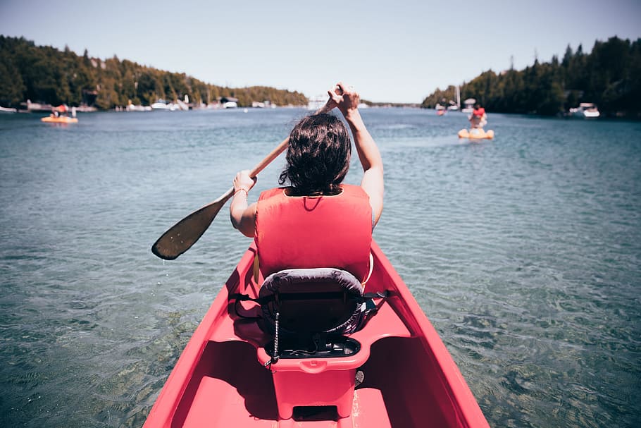 kayaking, kayak, Adult, Adventure, Lake, Outdoors, Paddling, Red, Sky, Sport