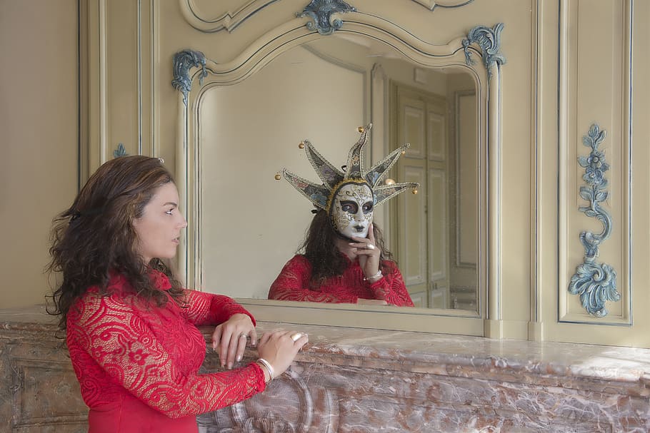 mirror, lady in red, red dress, masker, girl, hair, expression, fashion, castle, hearth