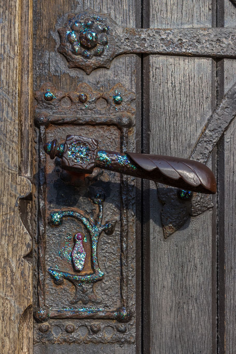 castle, door handle, fitting, metal, jack, key hole, castle church, chemnitz, gate, antique