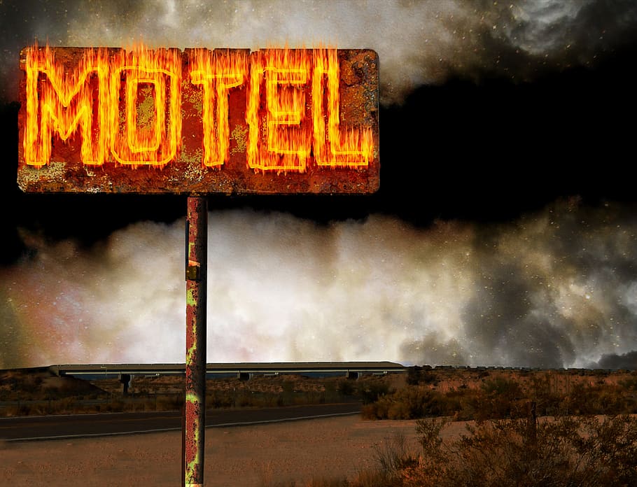 motel, flames, sign, desert, ominous, spooky, night, dark, clouds, hell