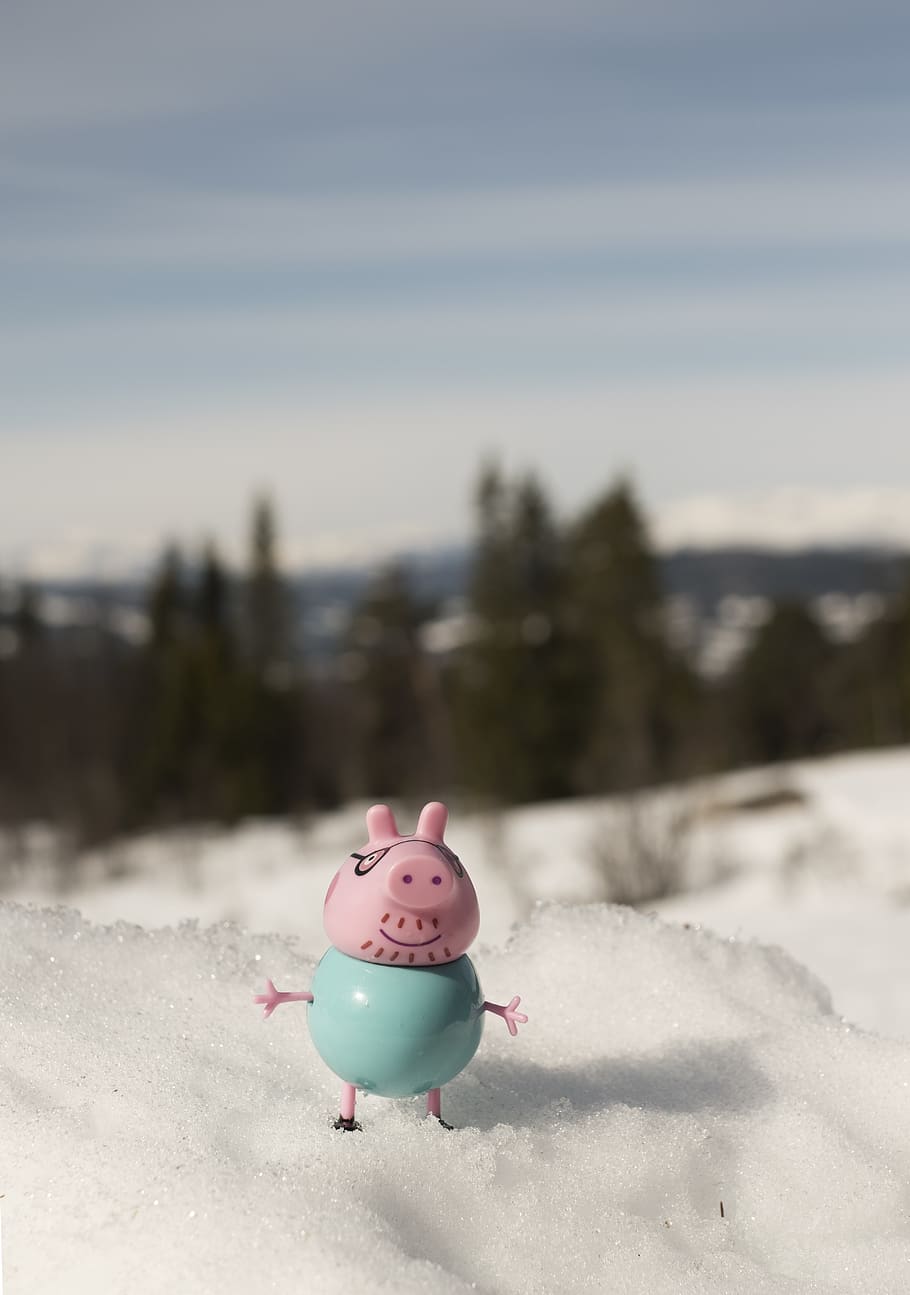 daddy pig, peppa pig, pig, toy, figure, cute, nature, view, snow, winter