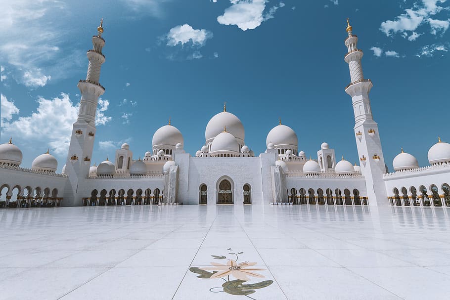 mesquita sheikh zayed, abu dhabi, (uae), azul, céu, nuvens, local de culto, cúpula, religião, arquitetura