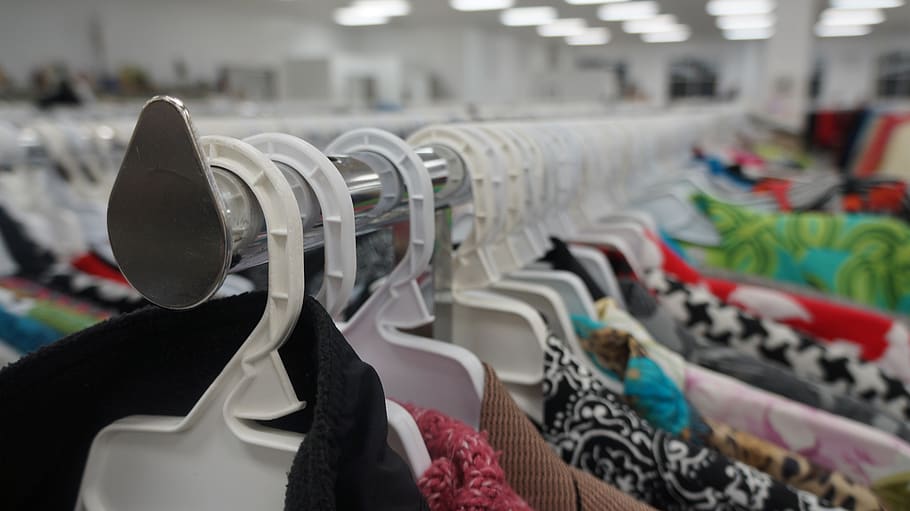 clothing, thrift store, shopping, garments, hangers, clothes, in a row, store, retail, business