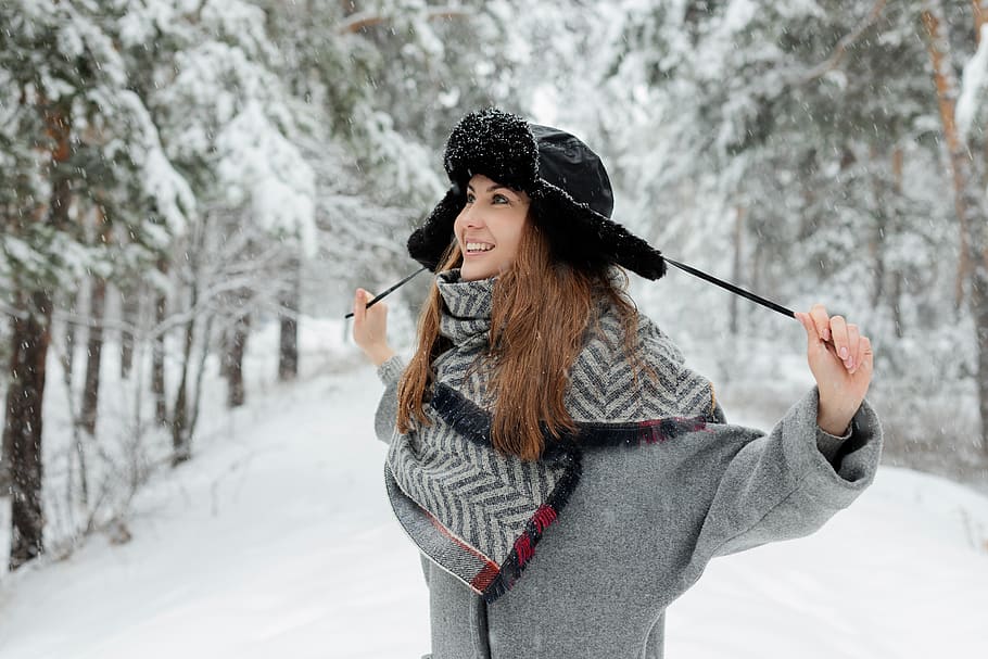 girl, woman, young, beautiful, white, snow, happiness, cheerful, cap, hat