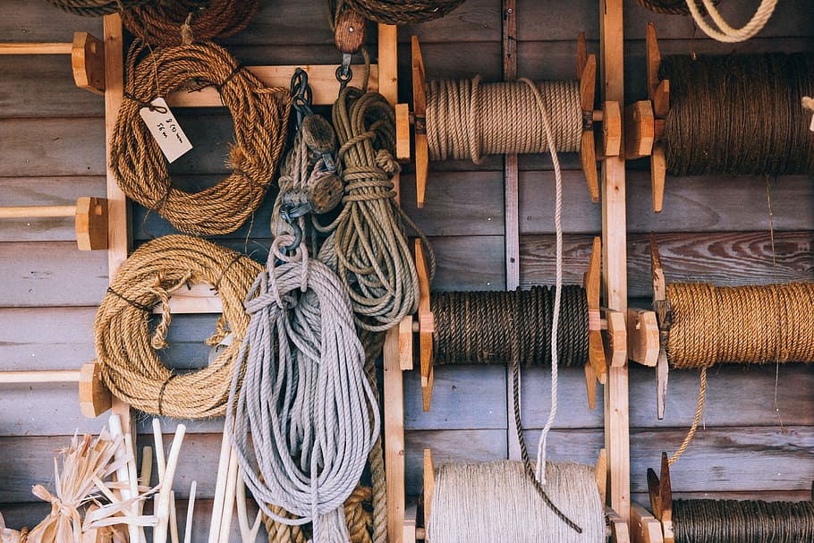 Carretes, paquetes, cuerdas, algodón, detalle, nudo, material, viejo, cuerda, herramienta