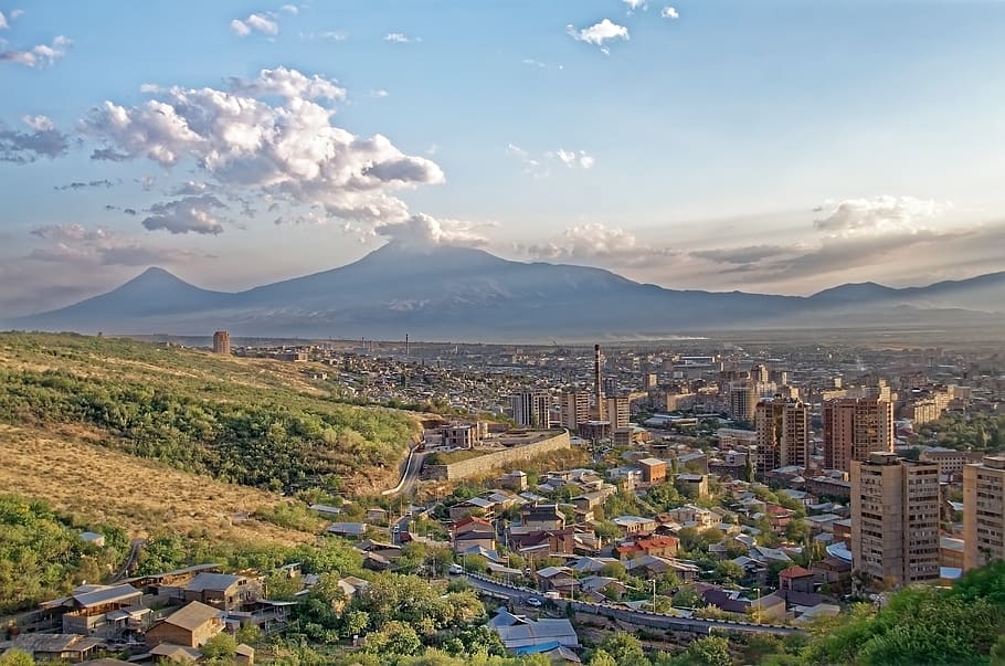 Armênia, Yerevan, Cidade, Montanhas, Paisagem, Céu, Nuvens, Cáucaso, arquitetura, estrutura construída