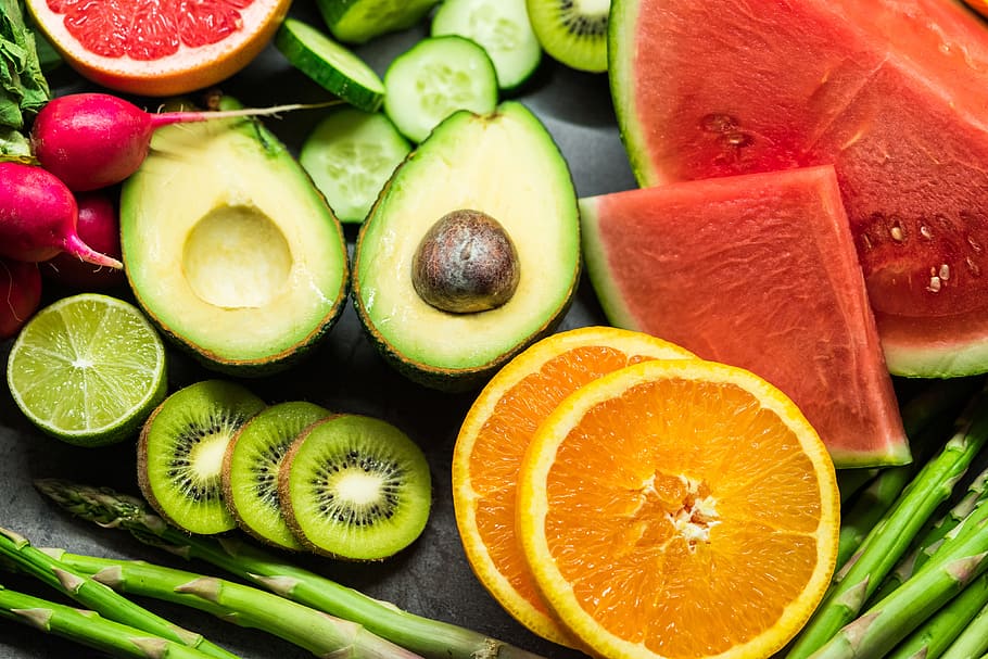 здоровый, фрукты, овощи, спаржа, авокадо, красочный, еда, гурман, свежий, здоровье