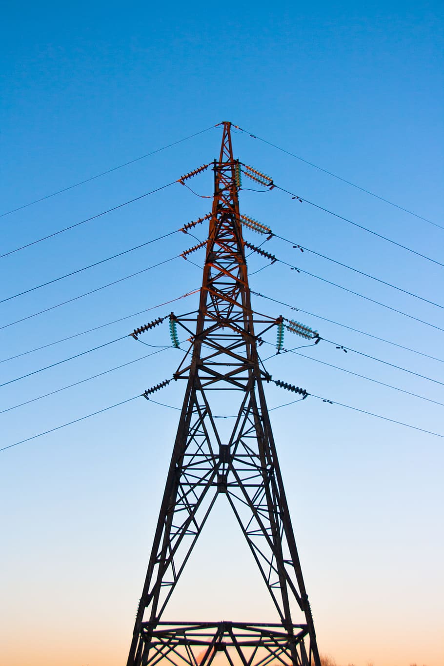 mast, power, electricity, lines, voltage, industrial, high, powerlines, blue, transmission