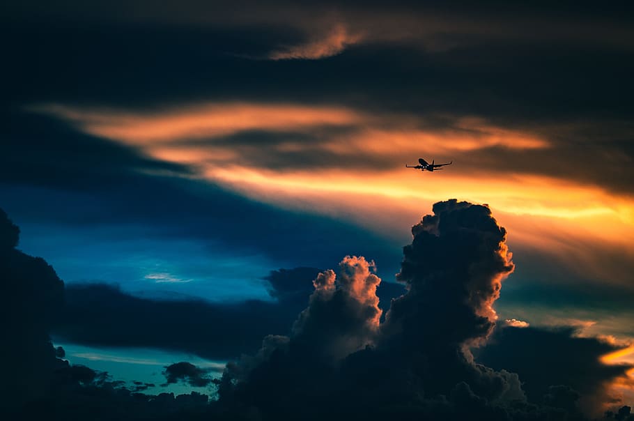 crepúsculo, céu, nuvens, avião, transporte, viagem, escuro, noite, tarde, nuvem - céu