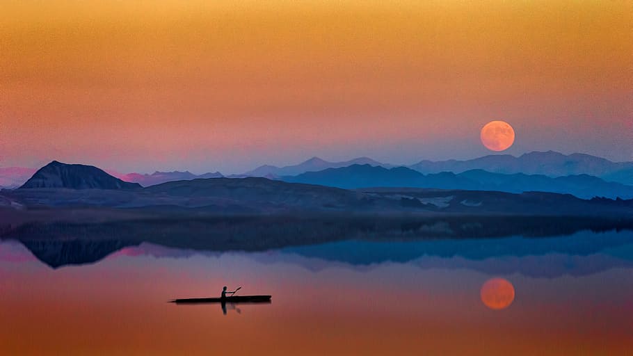 man, canoe, sunset, moon, dark, red, orange, lake, river, water