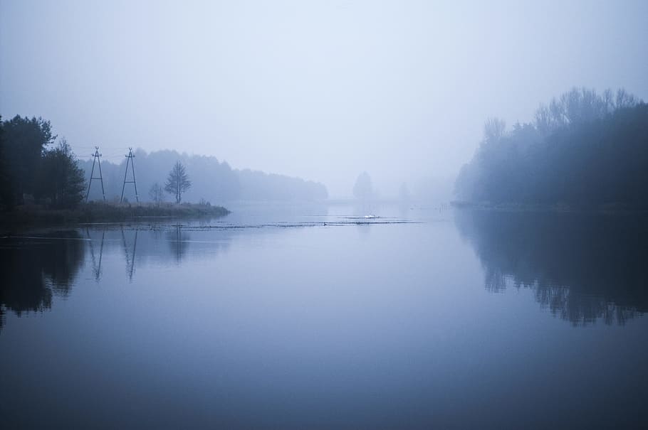 dawn, morning, river, water, fog, dark, nature, outdoors, trees, reflection