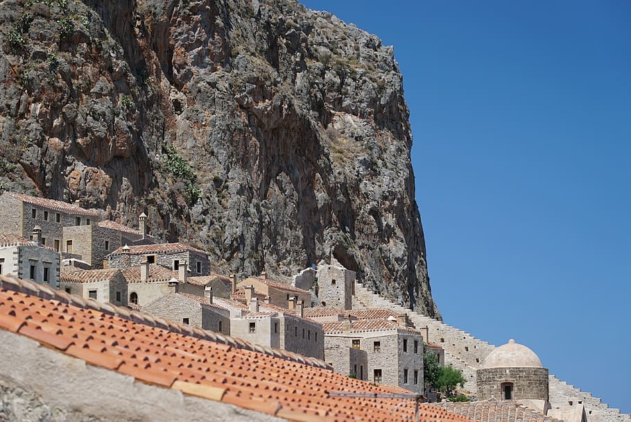 monemvasia, the old town, mountain, monument, history, mountains, sea, view, the medieval, buildings