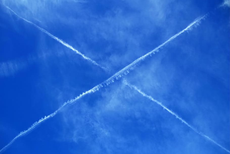 sky, blue, contrail, clouds, x, cross, symmetrical, symmetry, graphically, structure